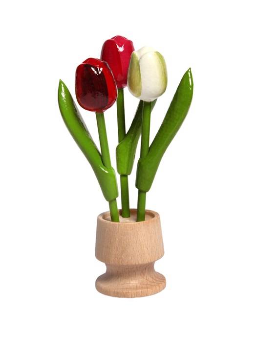 3 tulipani in legno con vaso