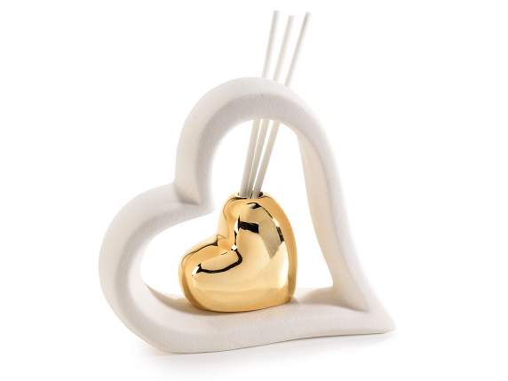 Cuore in porcellana con cuore dorato e stick per profumare (SU ORDINAZIONE
