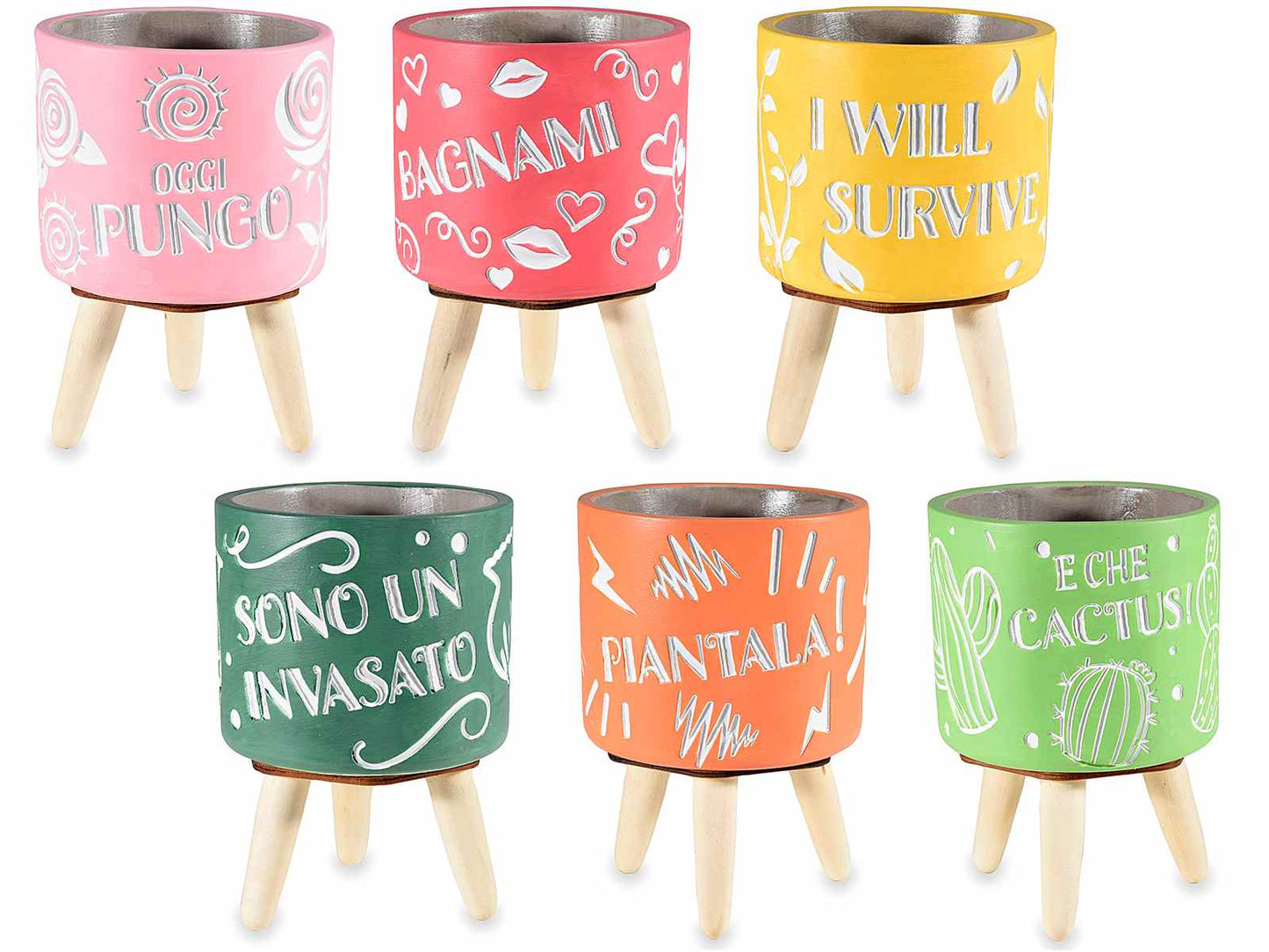 Vaso in cemento su treppiede legno con decori "ScritteInSimpatia"