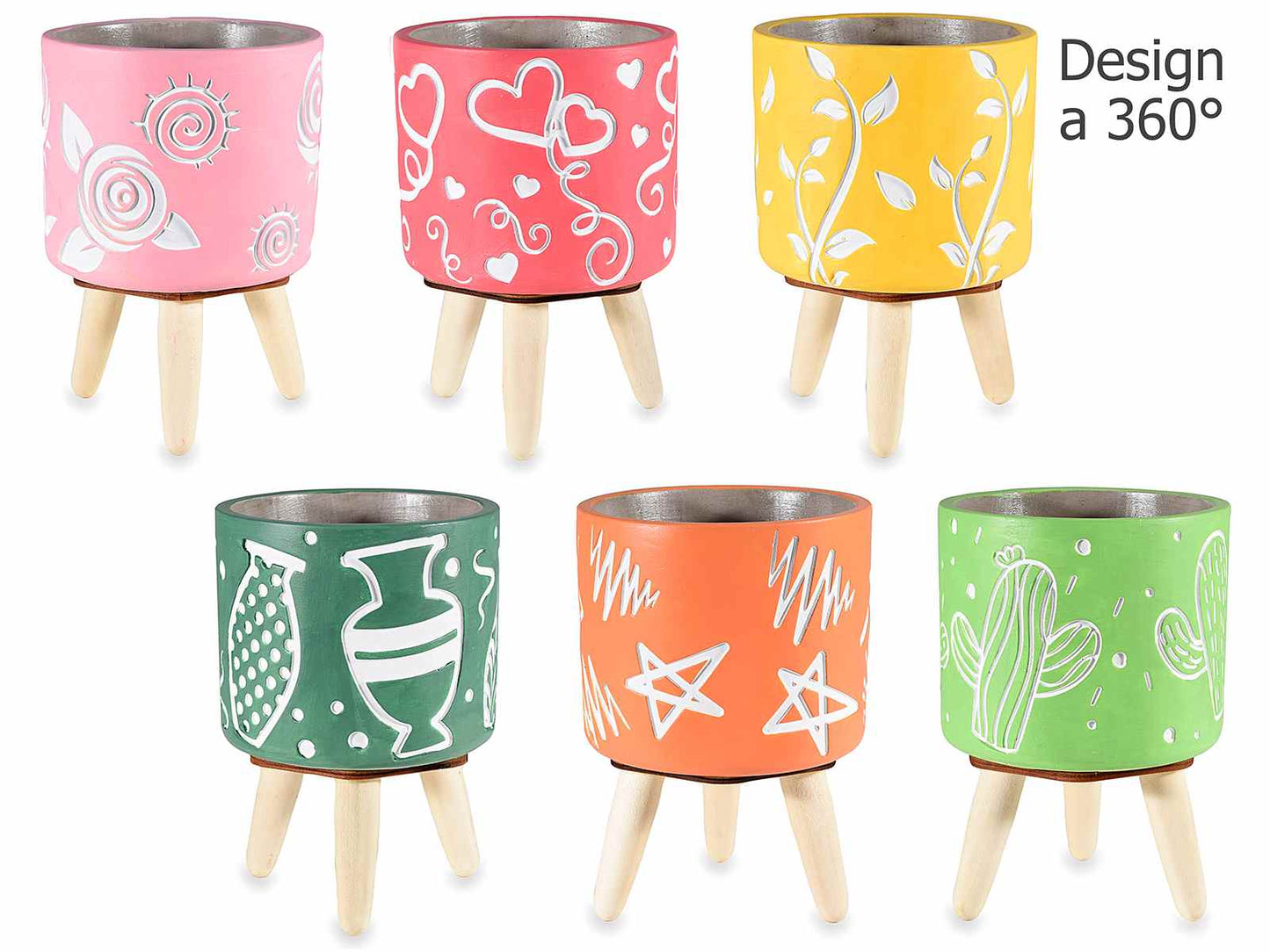 Vaso in cemento su treppiede legno con decori "ScritteInSimpatia"