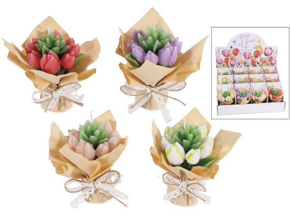 Candela bouquet di tulipani con carta e nastro in espo da 12
