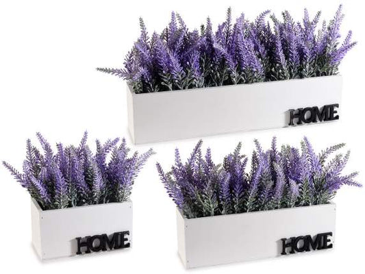 vasi in legno con lavanda artificiale e scritta Home