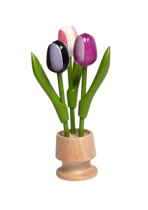 3 tulipani in legno con vaso