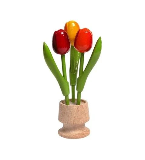 3 tulipani in legno con vaso