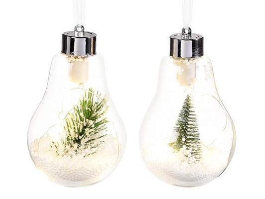 Decori a lampadina in vetro con neve decorativa, rametti di pino e luci led in espositore