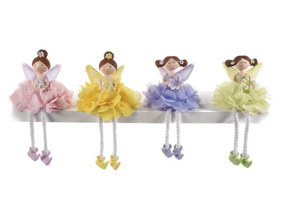 Fate decorative in resina con gambe lunghe e gonna a petali di stoffa