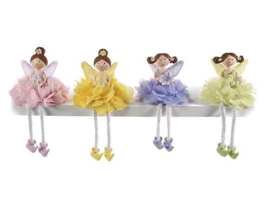 Fate decorative in resina con gambe lunghe e gonna a petali di stoffa