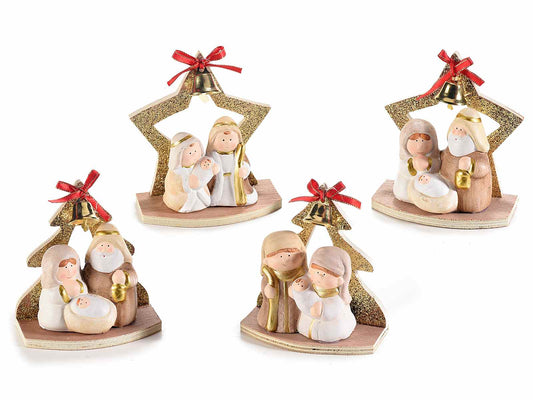 Presepi in terracotta con base in legno a stella, campanella e fiocco