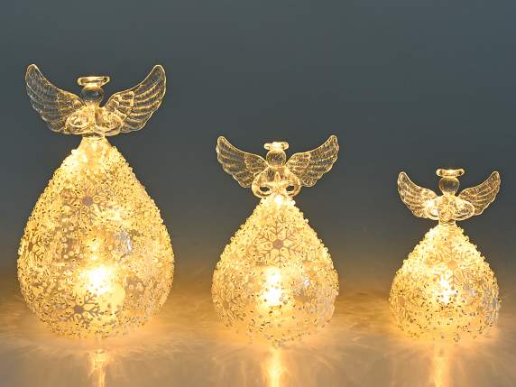 Angeli natalizi in vetro deocrato con luci led in set da 3 pz