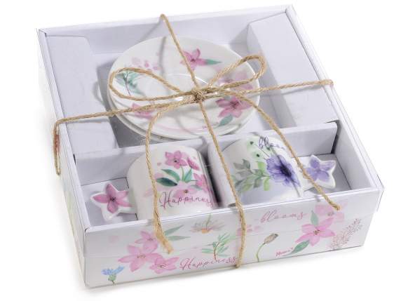 Confezione di 2 tazzine e piattini porcellana 80ml decori floreali