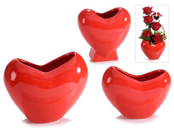 Set 3 vasi a cuore in ceramica rossa lucida