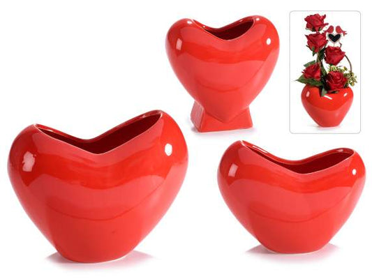 Set 3 vasi a cuore in ceramica rossa lucida