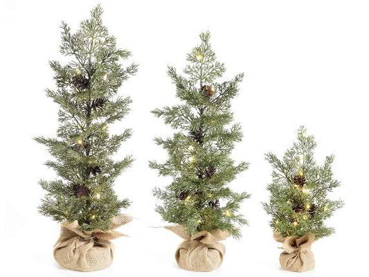 Alberi natalizi artificiali con luci LED e base juta in set da tre pezzi