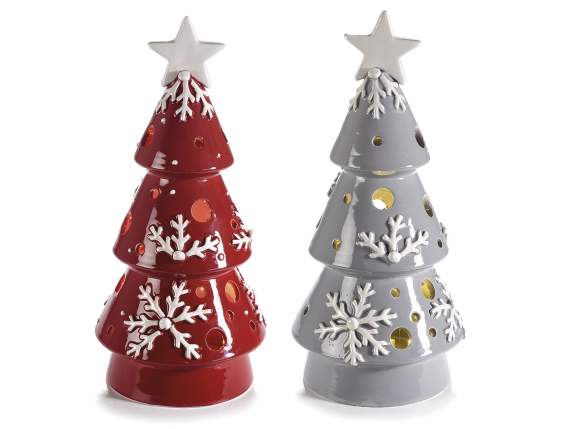 Alberi di Natale in ceramica colorata lucida con luci LED e decori in rilievo