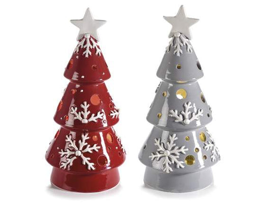 Alberi di Natale in ceramica colorata lucida con luci LED e decori in rilievo
