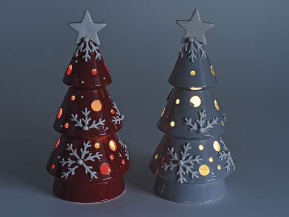 Alberi di Natale in ceramica colorata lucida con luci LED e decori in rilievo