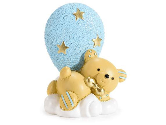 Orsetto sdraiato su nuvola con palloncino azzurro in resina (SU ORDINAZIONE)