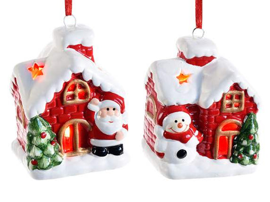 addobbi da appendere casetta in ceramica con personaggi natalizi con luci