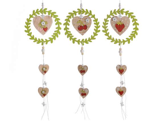 Ghirlanda legno da appendere cuori pendenti e decori frutti