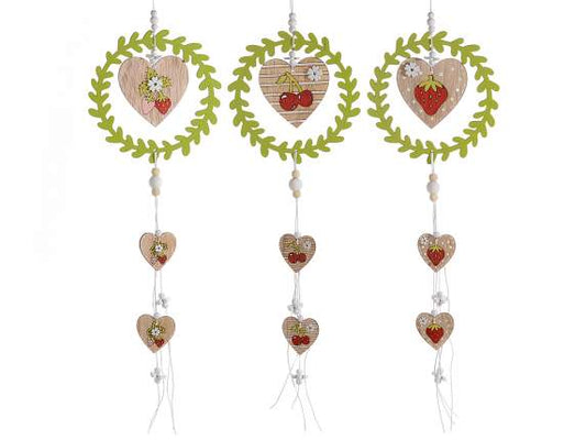 Ghirlanda legno da appendere cuori pendenti e decori frutti