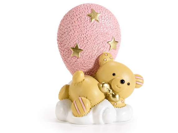 Orsetto sdraiato su nuvola con palloncino rosa in resina (SU ORDINAZIONE)