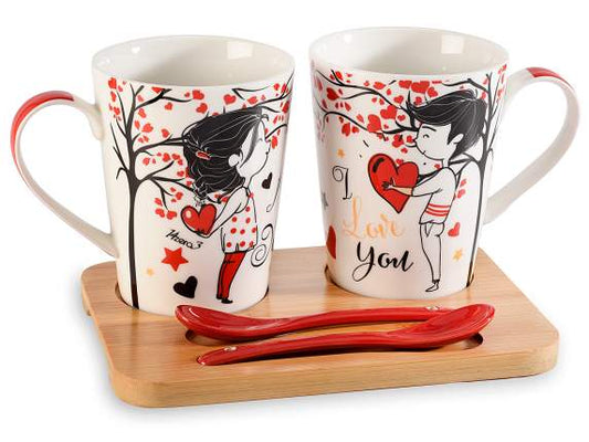 Set 2 tazze con cucchiaini in porcellana su vassoio in legno