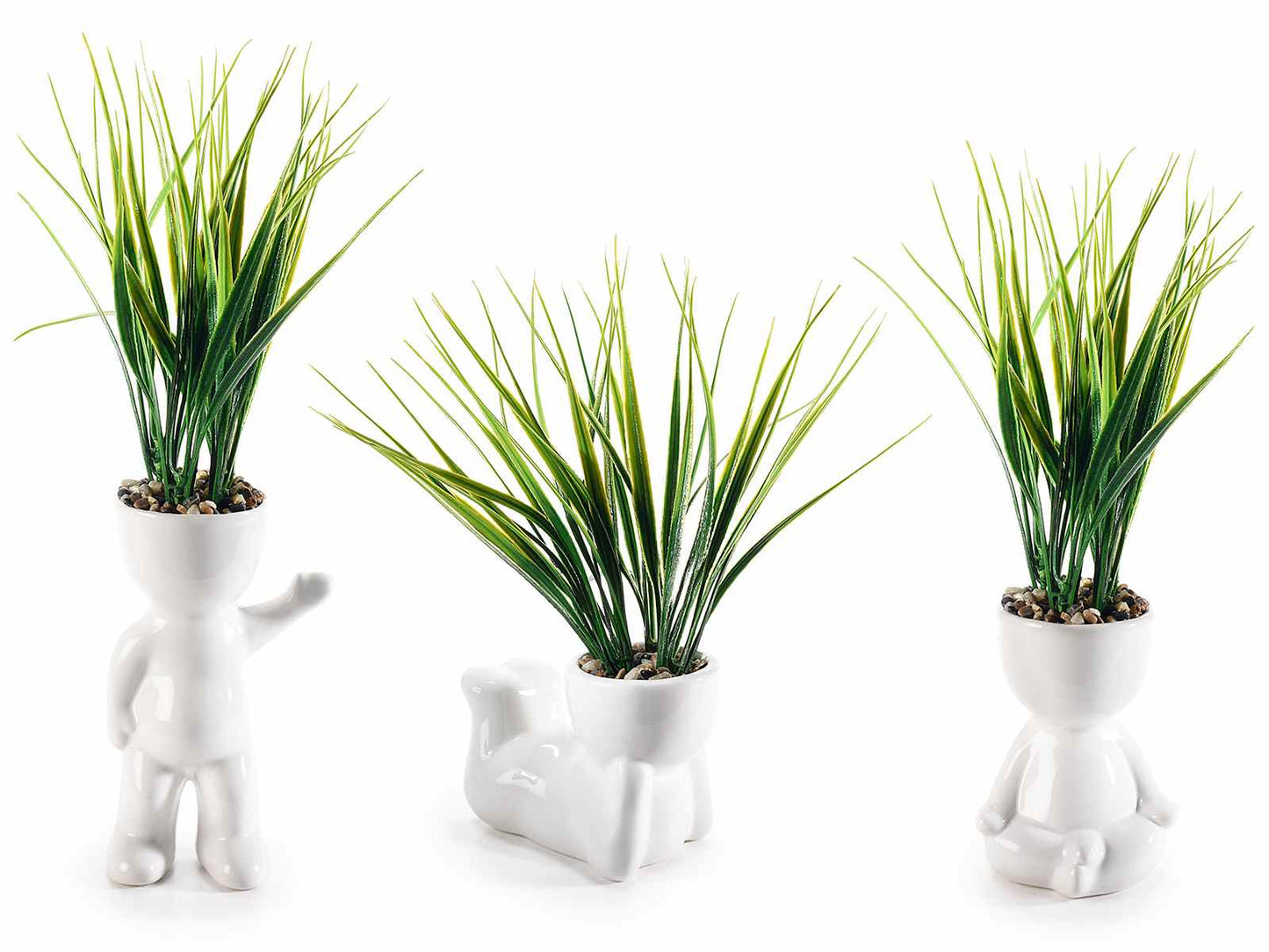 Vasetto ceramica "Omino in relax" con erba artificiale