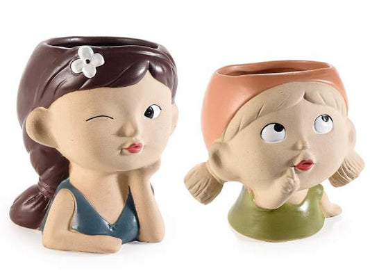 Vaso/ Portatrucchi decorativo in ceramica volto di ragazza